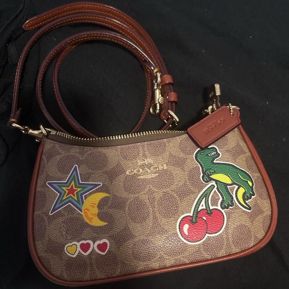 Coach Brown Signature Canvas Shoulder Bag with Playful Patch Motifs